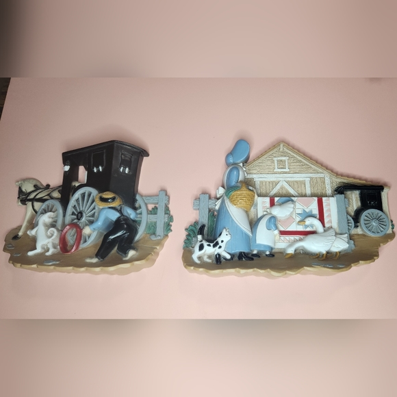 Set of 2 1990s Burwood Amish Horse Buggy Cottage and Amish Farm Wall Ha… - Picture 1 of 8